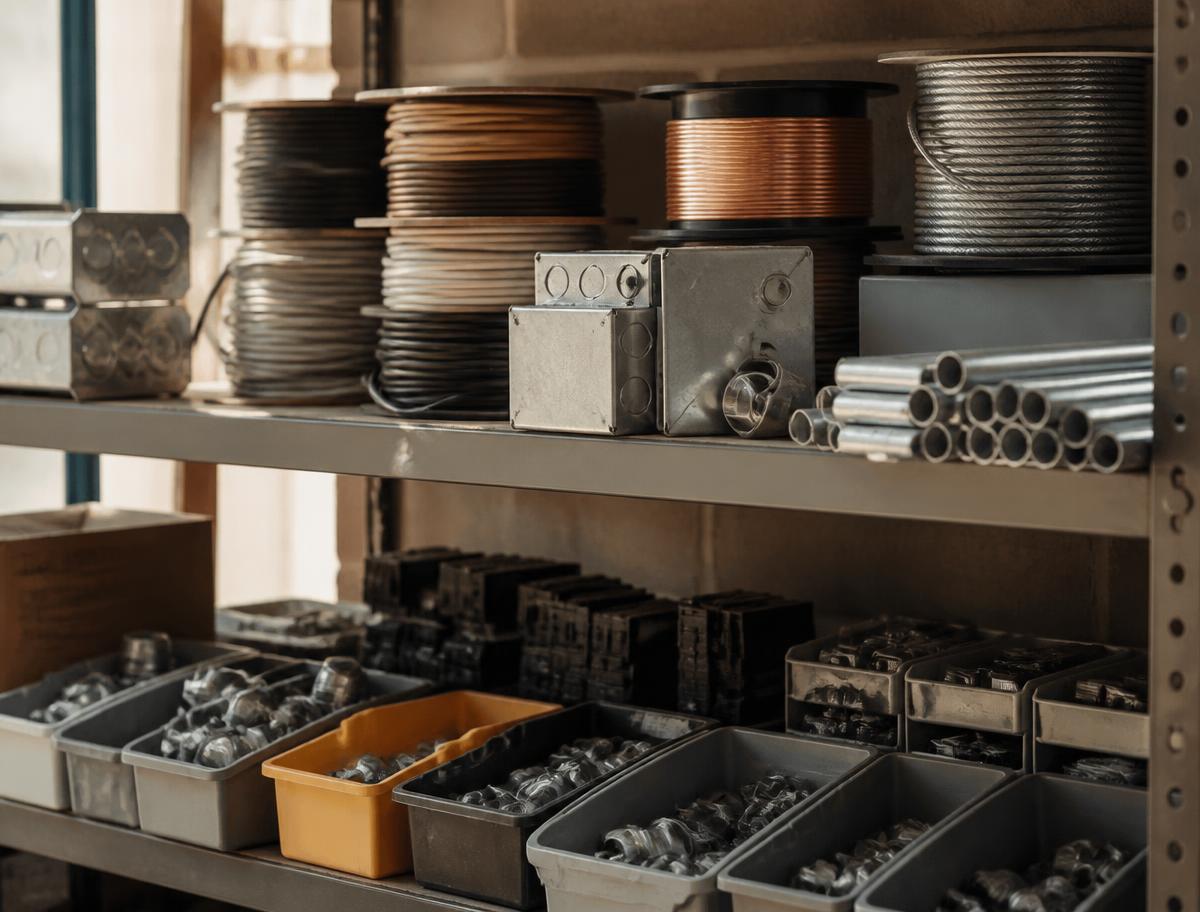 Electrical stock on shelving: wire spools, conduit, junction boxes, breakers and connectors in bins.