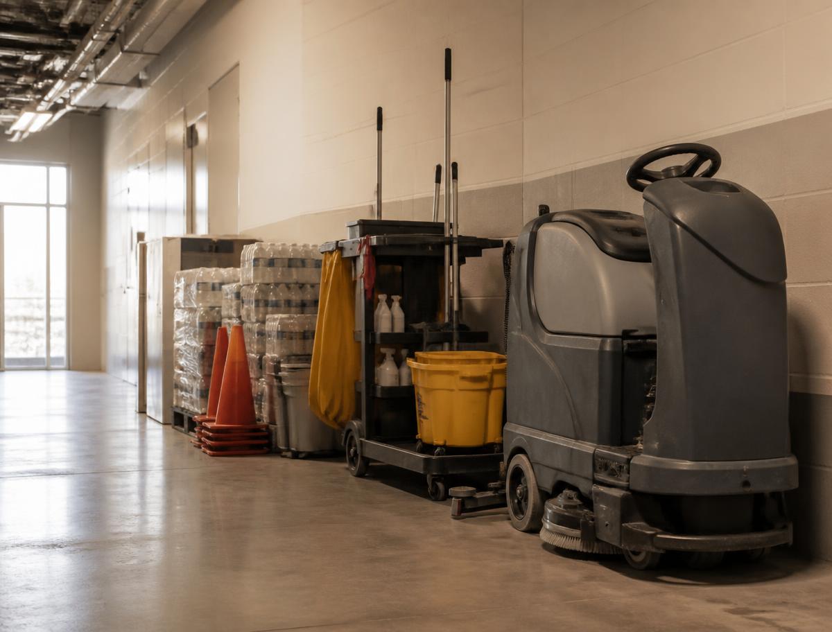 Facility maintenance equipment staged in a service corridor: floor scrubber, janitorial cart and supply cases.