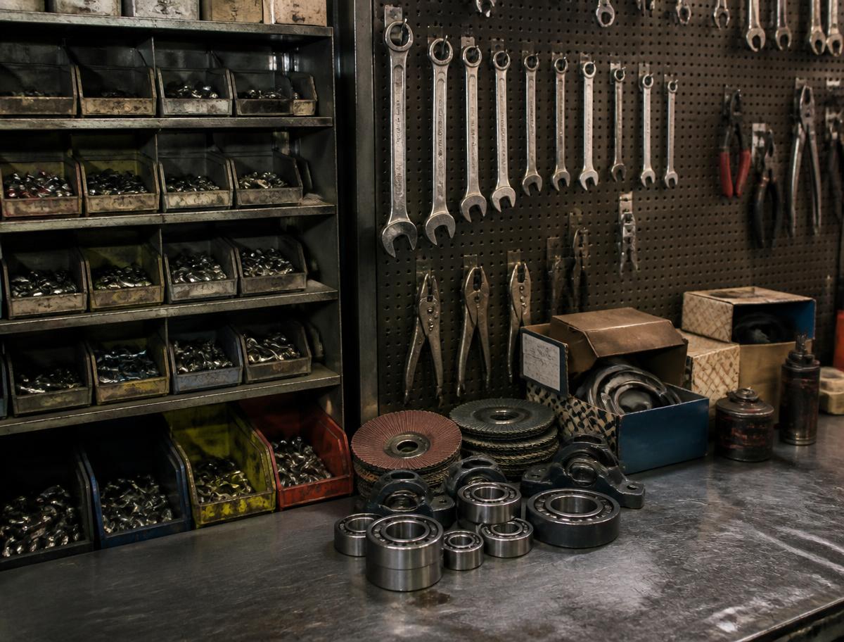 Industrial and MRO stock: fasteners in bins, hand tools on a pegboard, bearings and abrasives on a workbench.