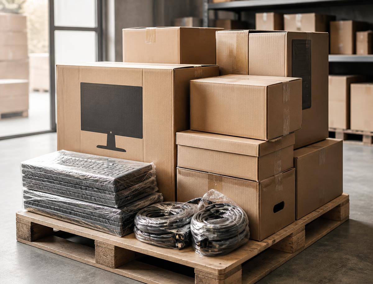 IT hardware cartons, keyboards and cables shrink-wrapped on a pallet staged for delivery.