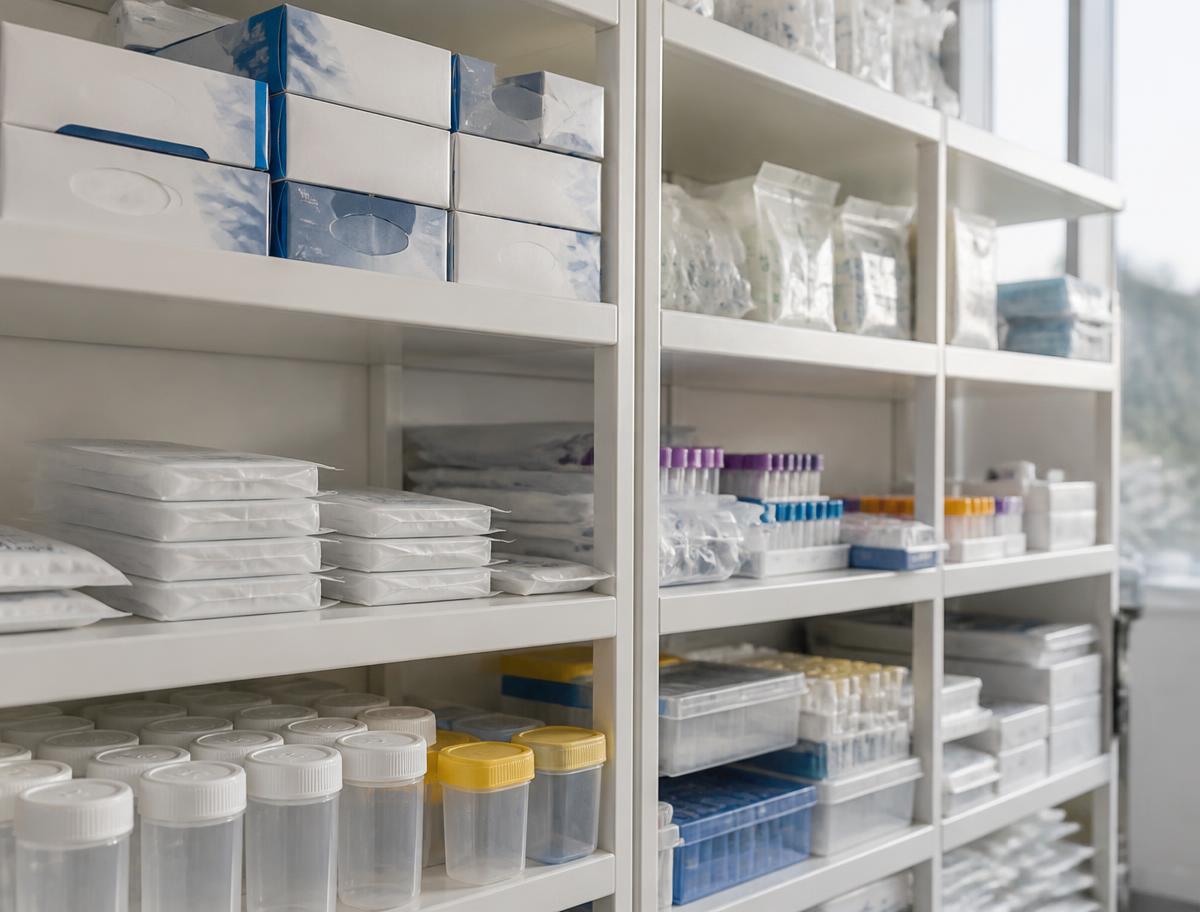 Medical and laboratory consumables in clean storage: gloves, sterile packaging, specimen containers and tube racks.