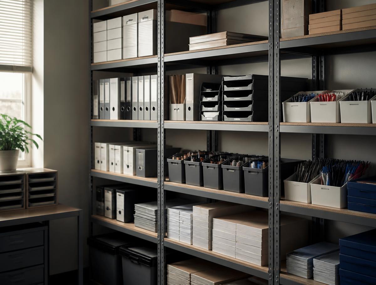 Office and administrative supplies organized on metal shelving: paper, binders, pens and labeled bins.
