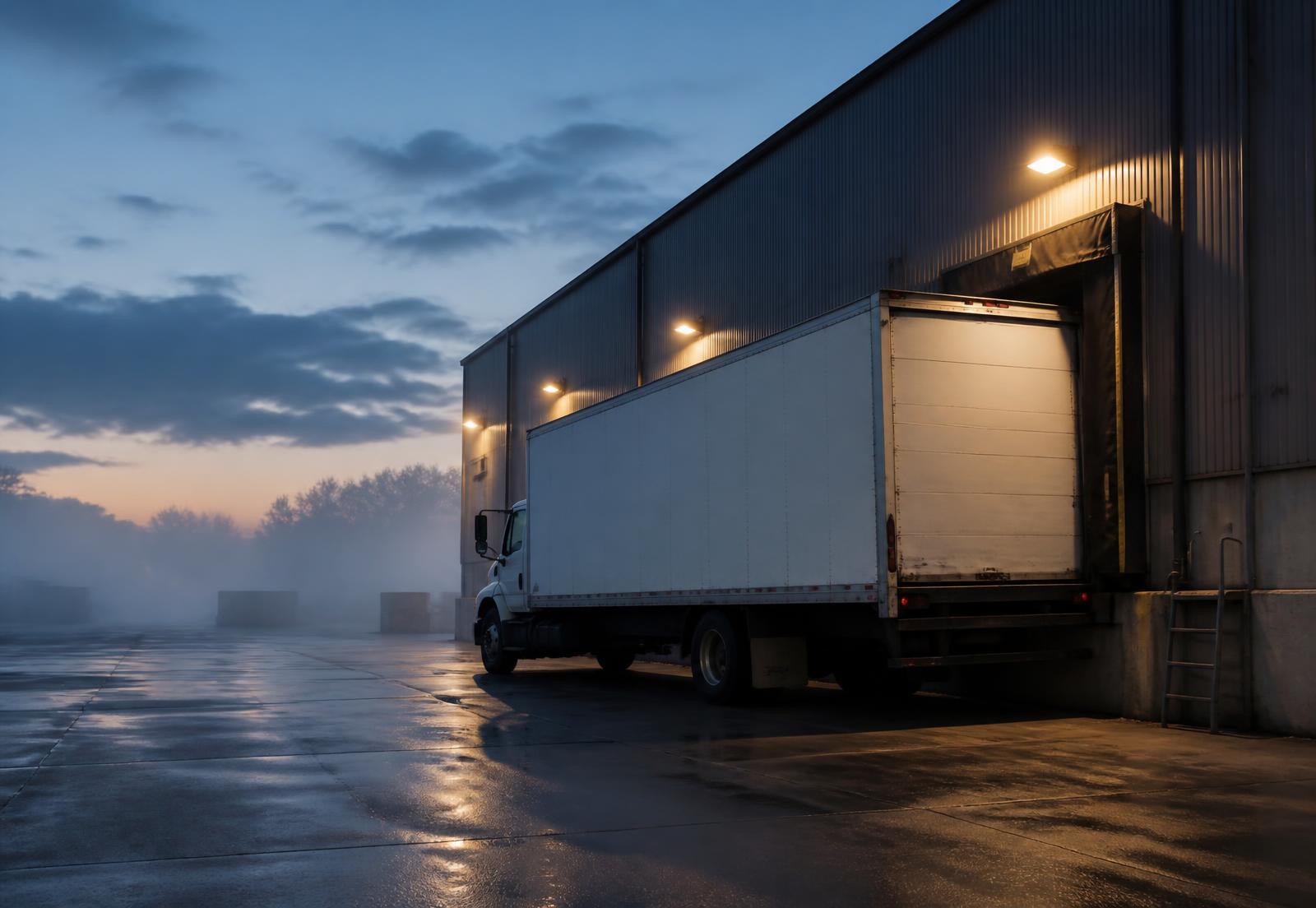 A box truck backed into a lit loading dock bay at dawn, ready to be loaded.