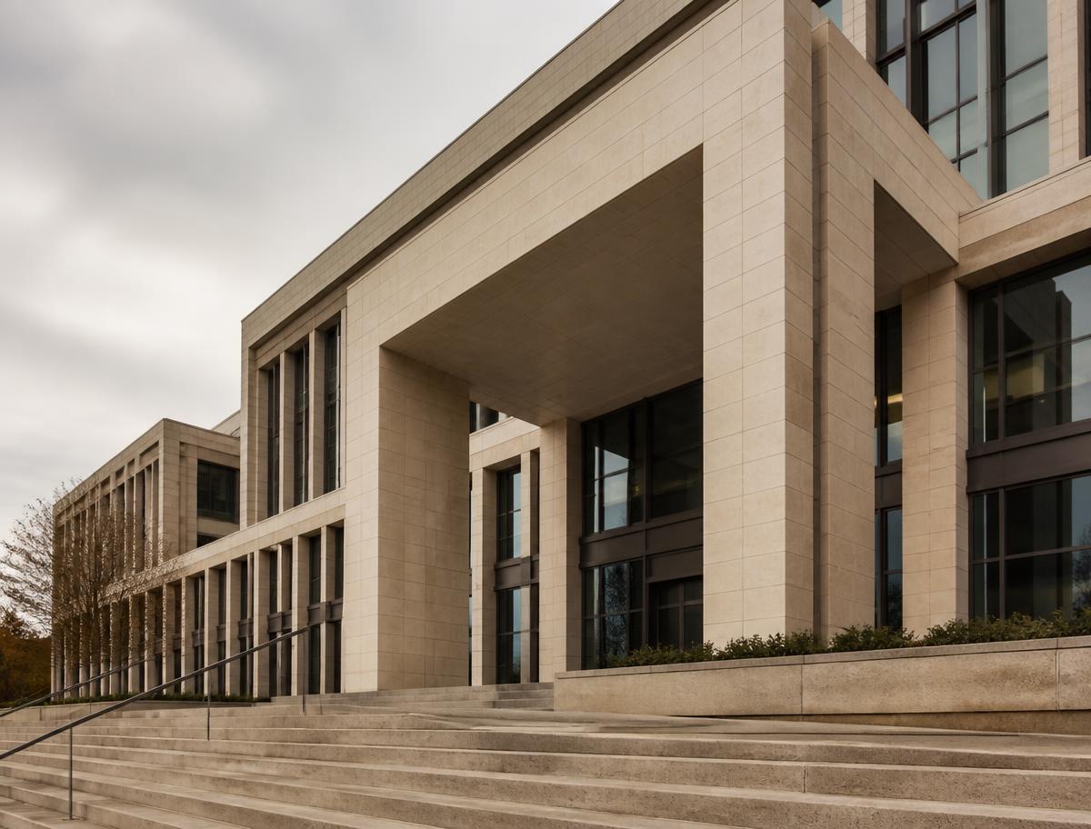Exterior of a modern federal government building with clean limestone and glass lines.