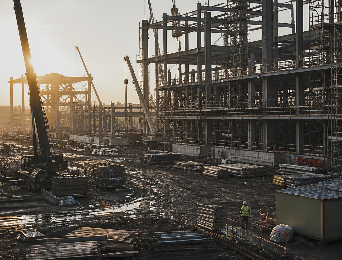 An industrial construction site with steel structure, cranes, and staged building materials at first light.