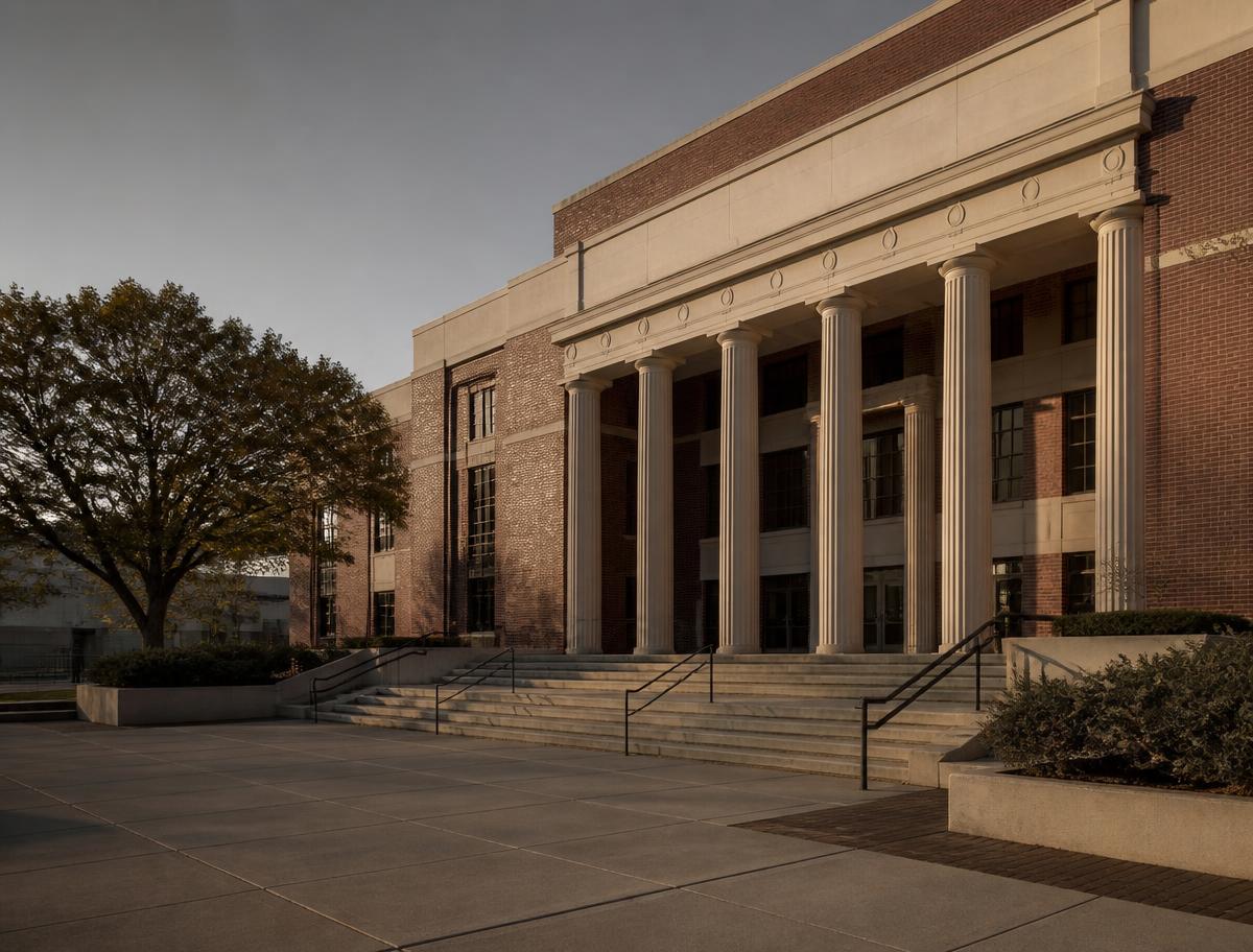 Exterior of a municipal county government building with columns and stone steps in late afternoon light.